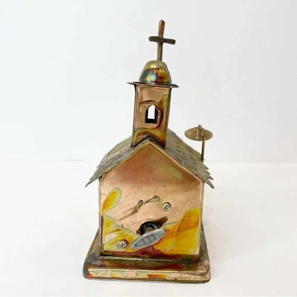 Vintage Copper Color Tin Wind Up Church Music Box Plays Amazing Grace Holidays